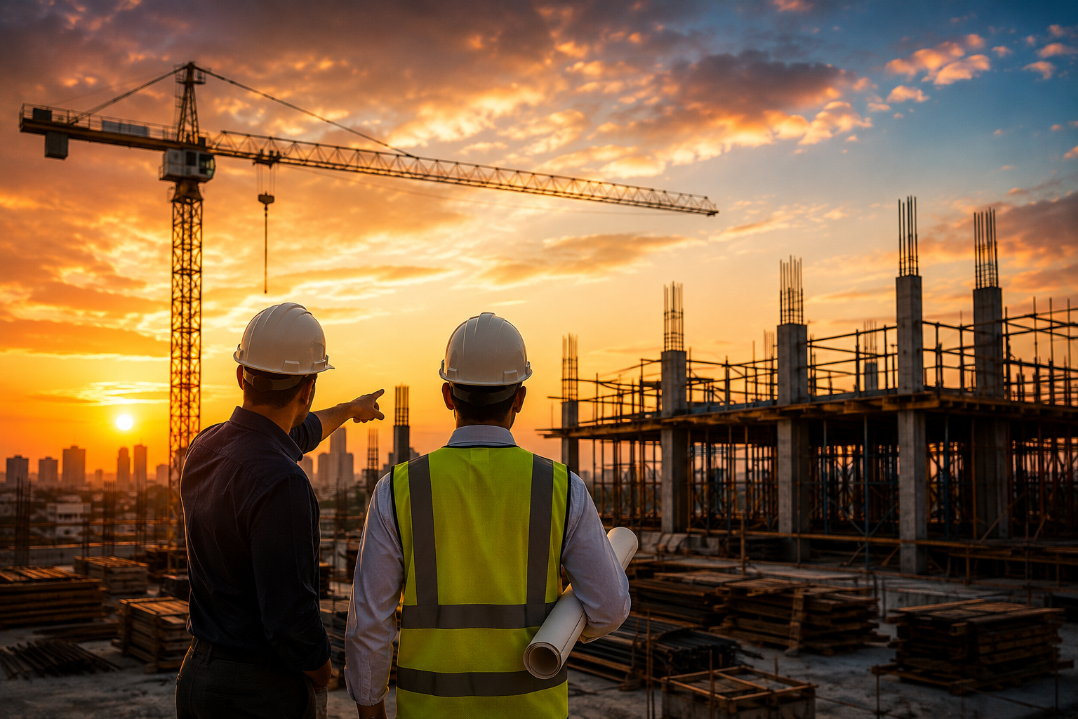 Obra de construção civil com equipamentos e equipe técnica